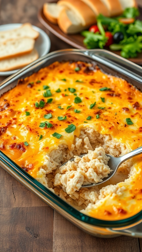 Cheesy chicken and rice casserole in a baking dish, garnished with parsley, on a wooden table with salad and bread.